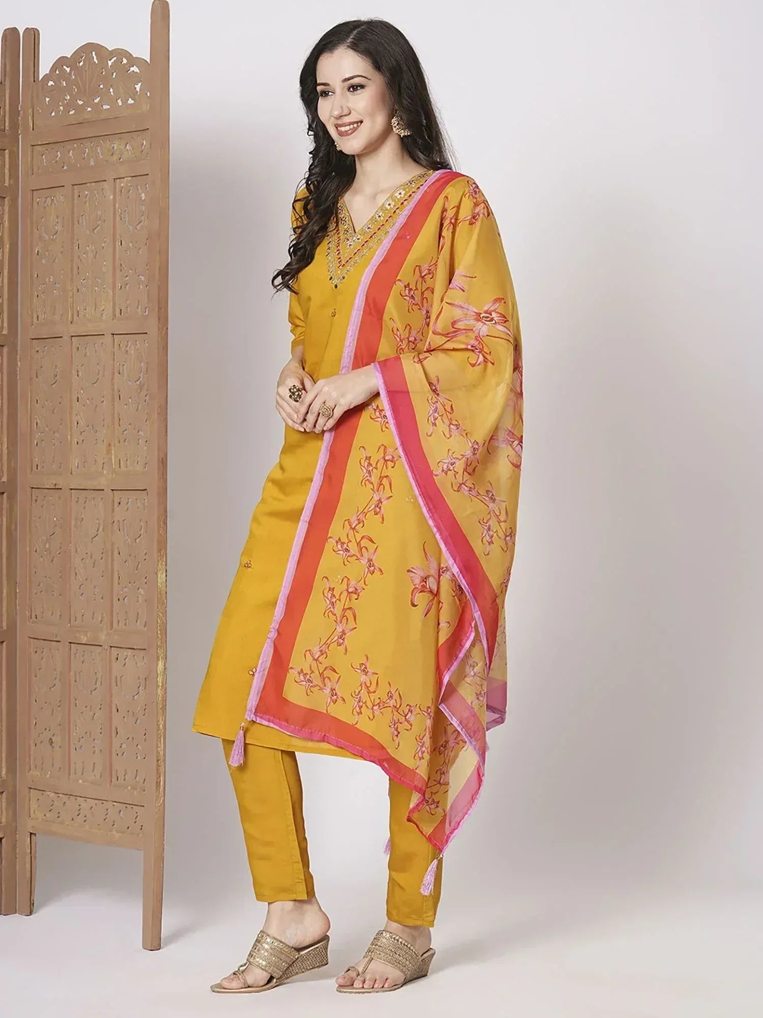 Yellow printed salwar kameez with floral dupatta, ethnic wear for women
