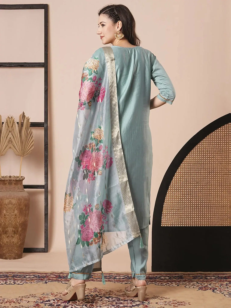 Marvelous Sky Blue Thread Embroidered Viscose Event Wear Pant Suit