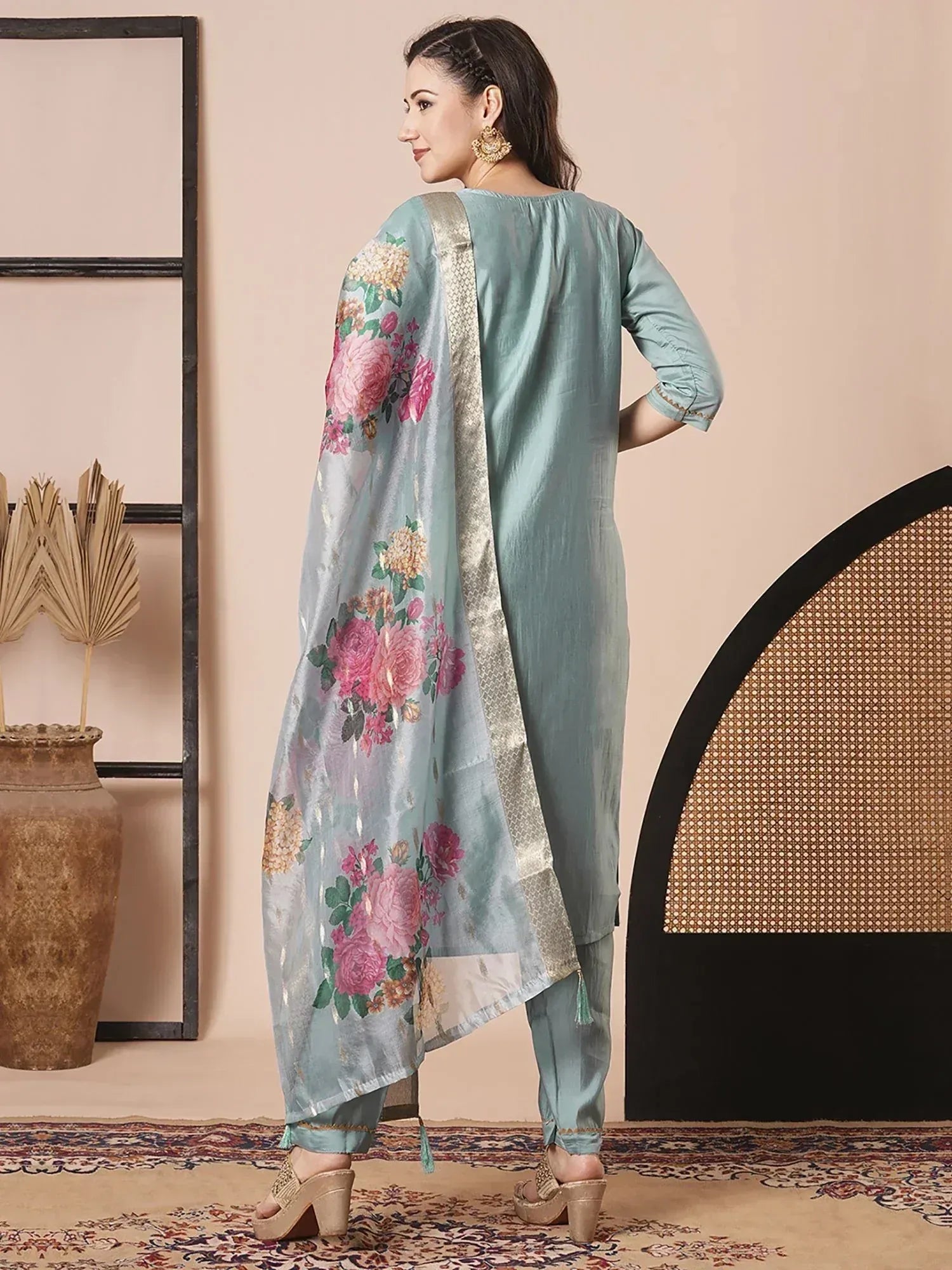 Light blue floral printed salwar kameez with dupatta, ethnic Indian wear for women