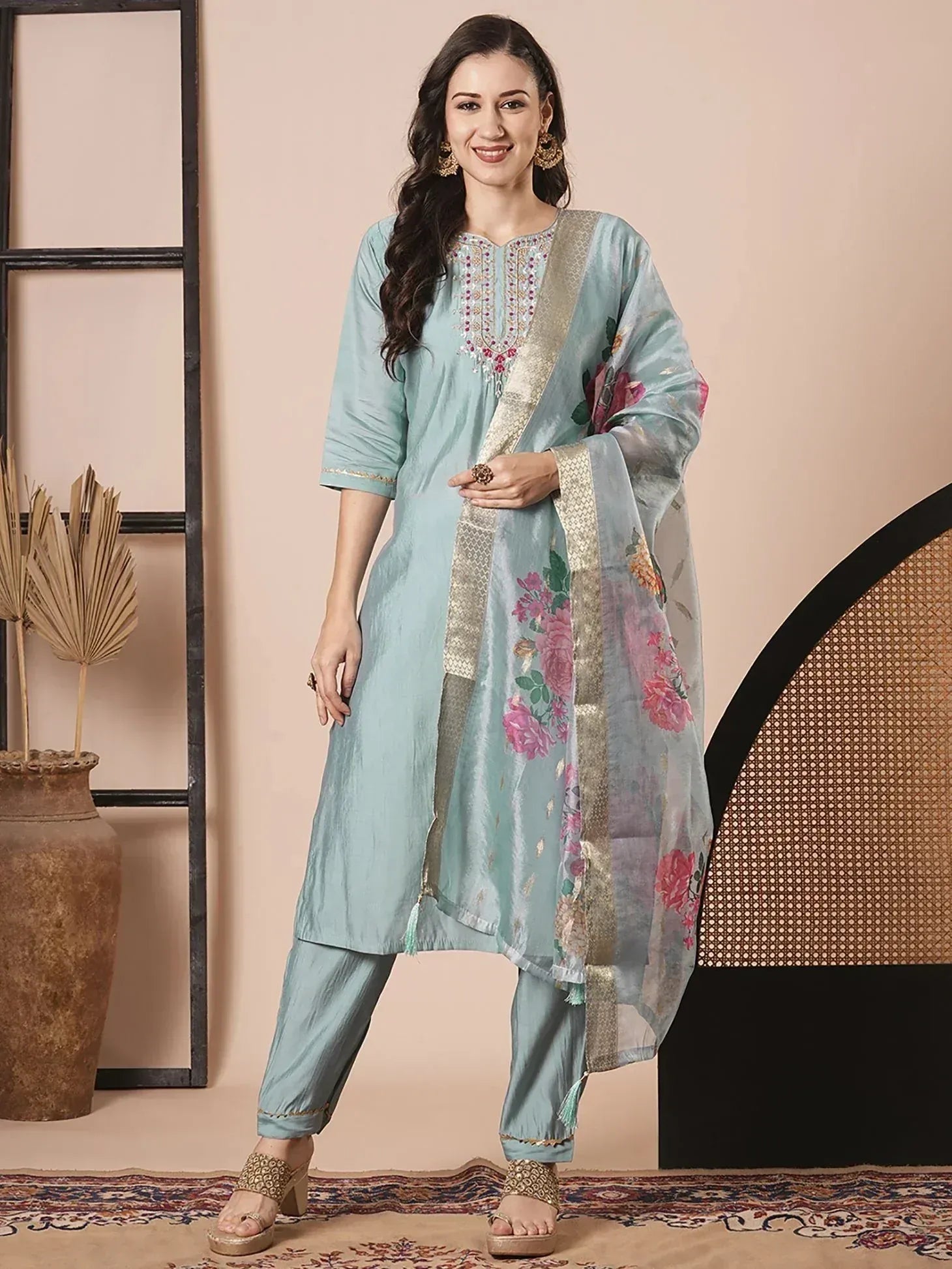 Light blue embroidered salwar kameez with floral dupatta, Indian ethnic wear for women