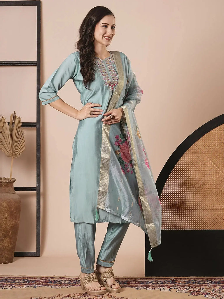Marvelous Sky Blue Thread Embroidered Viscose Event Wear Pant Suit