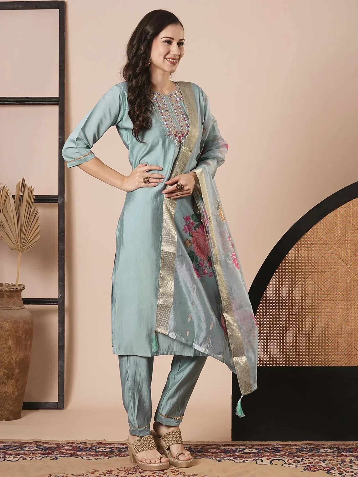 Light blue embroidered salwar kameez with floral dupatta, ethnic Indian wear for women