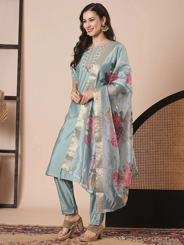 Marvelous Sky Blue Thread Embroidered Viscose Event Wear Pant Suit