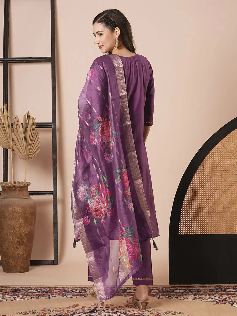 Excellent Purple Thread Embroidered Viscose Pant Suit With Dupatta