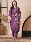 Excellent Purple Thread Embroidered Viscose Pant Suit With Dupatta