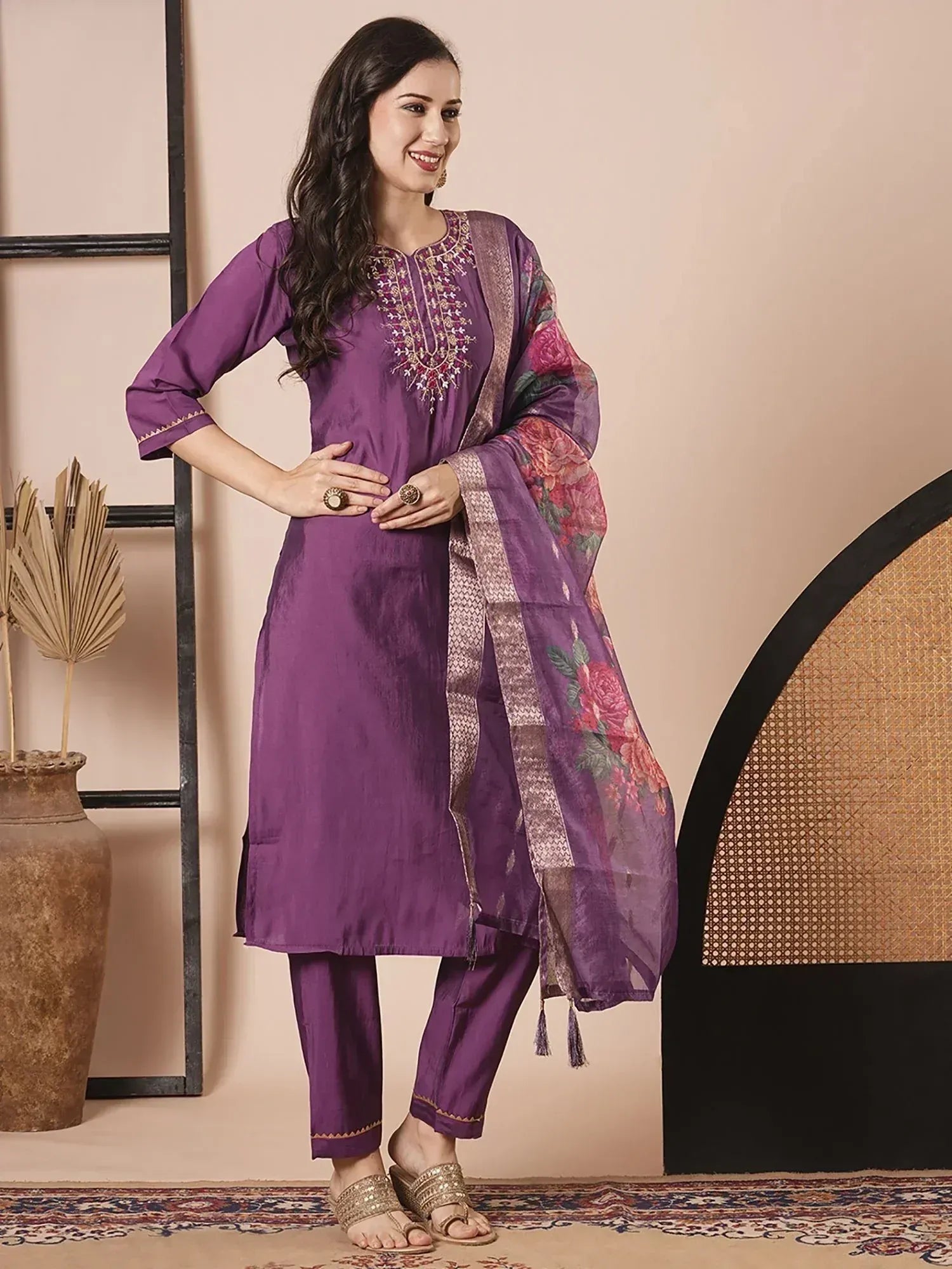 Purple embroidered salwar kameez with floral dupatta, Indian ethnic wear for women
