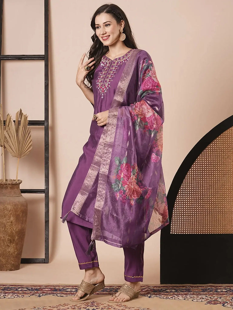 Excellent Purple Thread Embroidered Viscose Pant Suit With Dupatta