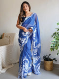 Enchanting Blue Thread Work Organza Lucknowi Saree With Blouse