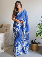Enchanting Blue Thread Work Organza Lucknowi Saree With Blouse