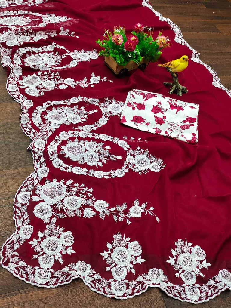 Beautiful Red Thread Embroidered Organza Event Wear Saree With Blouse