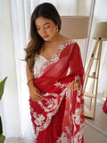 Beautiful Red Thread Embroidered Organza Event Wear Saree With Blouse