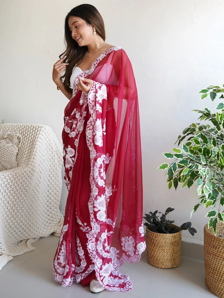 Beautiful Red Thread Embroidered Organza Event Wear Saree With Blouse