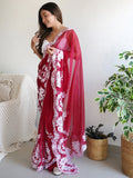 Beautiful Red Thread Embroidered Organza Event Wear Saree With Blouse