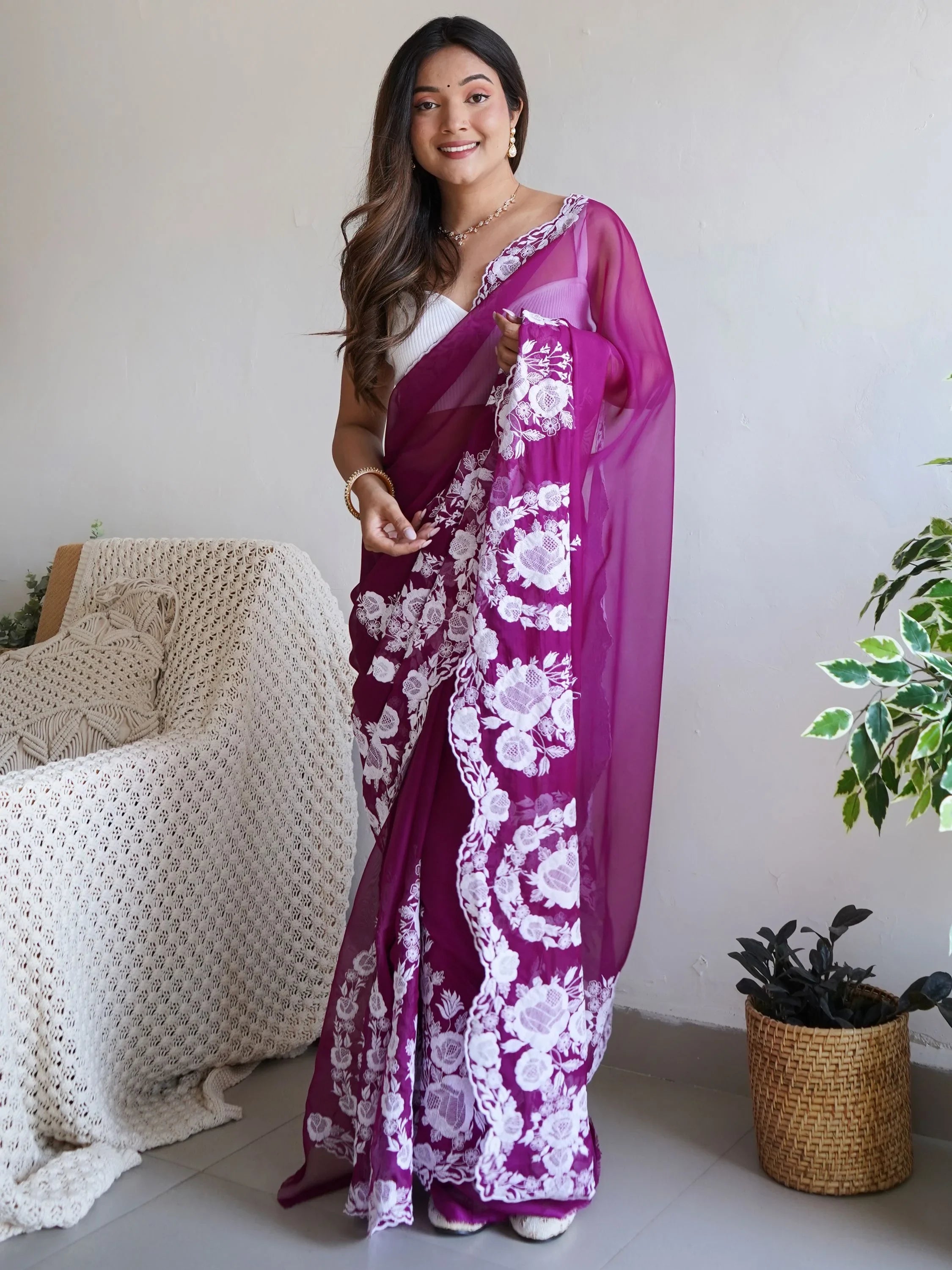 Gorgeous Purple Thread Embroidered Organza Festival Wear Saree