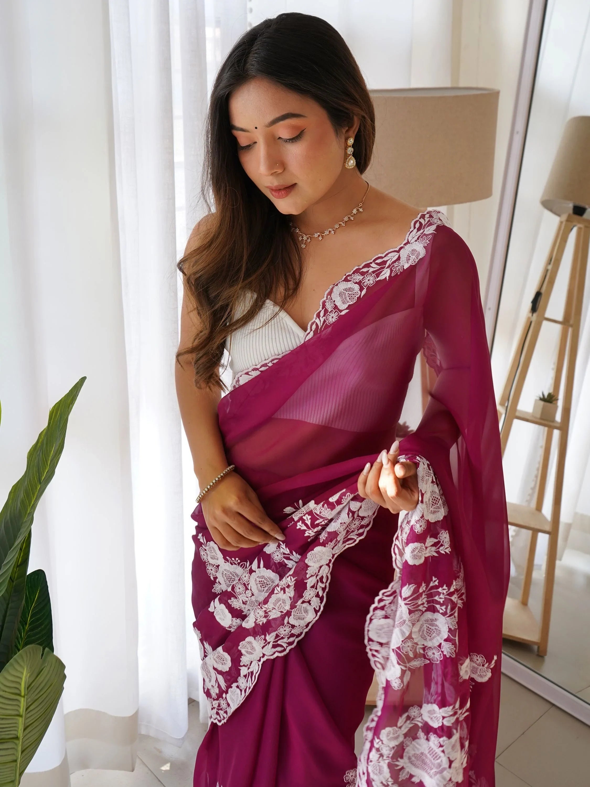Gorgeous Purple Thread Embroidered Organza Festival Wear Saree