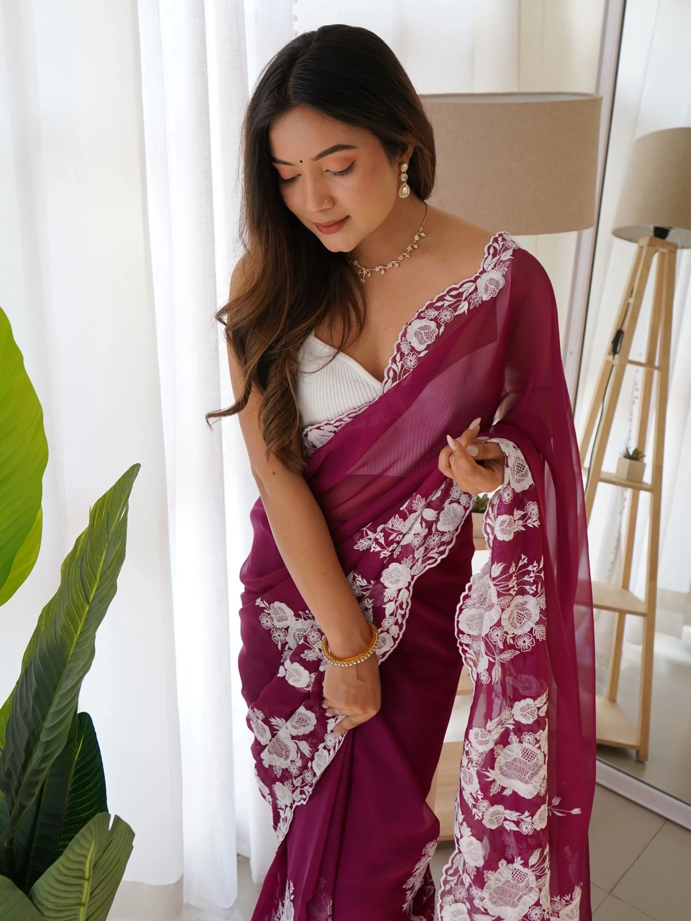 Gorgeous Purple Thread Embroidered Organza Festival Wear Saree