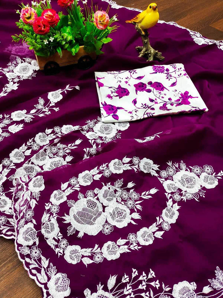Gorgeous Purple Thread Embroidered Organza Festival Wear Saree