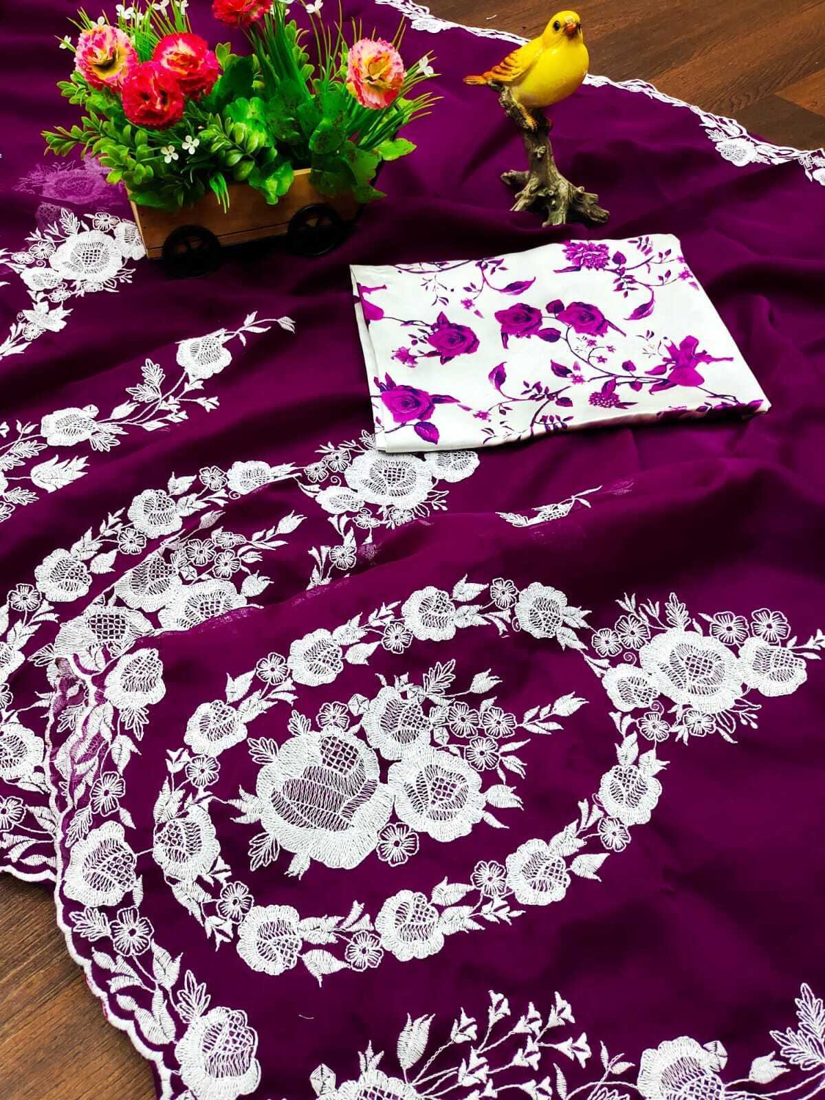 Gorgeous Purple Thread Embroidered Organza Festival Wear Saree