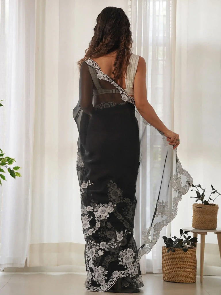 Enchanting Black Organza Lucknowi Party Wear Saree With Blouse