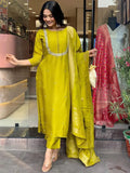 Precious Lime Green Embroidered Viscose Traditional Pant Suit