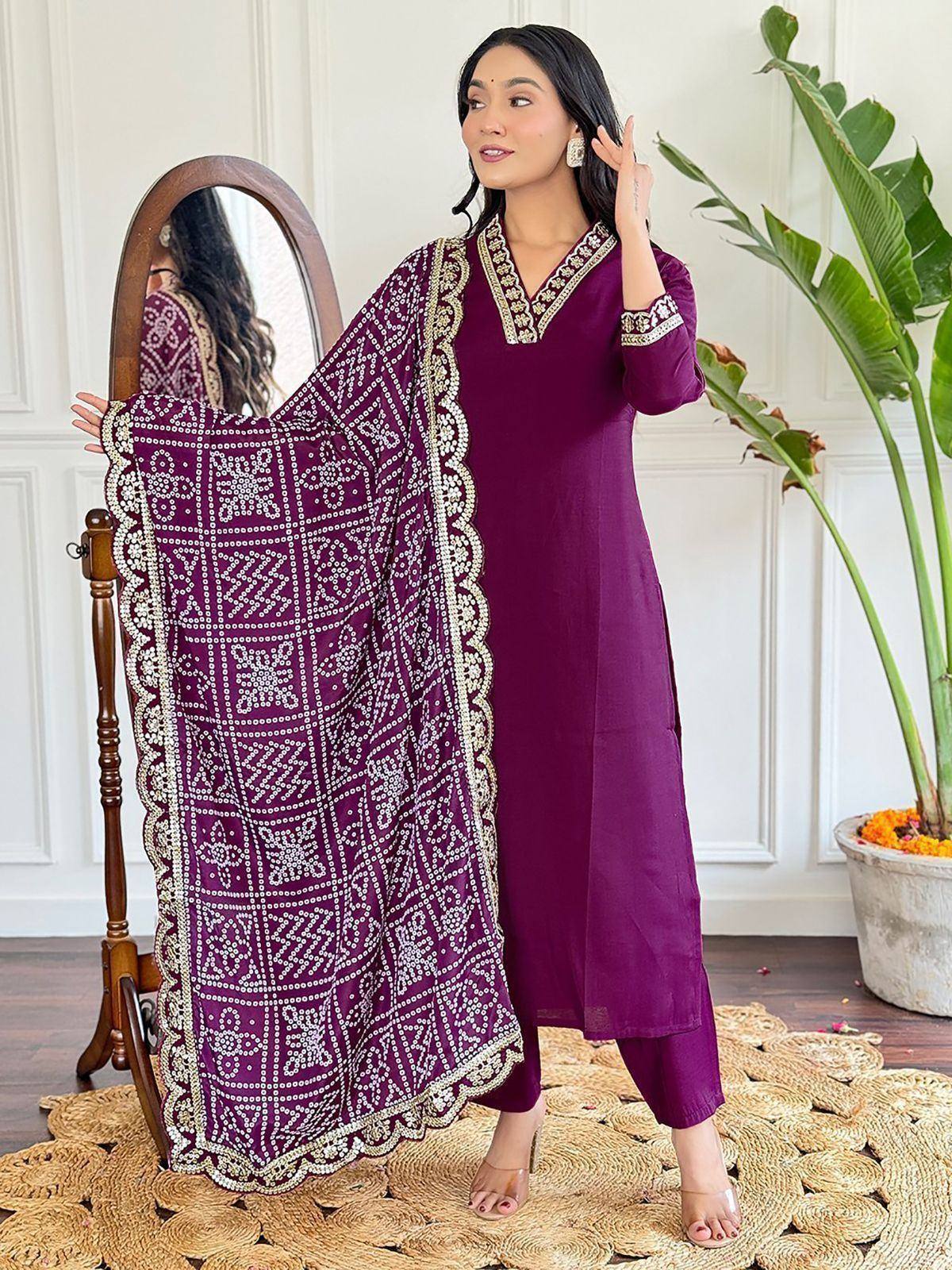 Purple embroidered kurta set with matching dupatta, ethnic wear for women