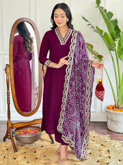 Gorgeous Wine Viscose Casual Wear Pant Suit With Printed Dupatta
