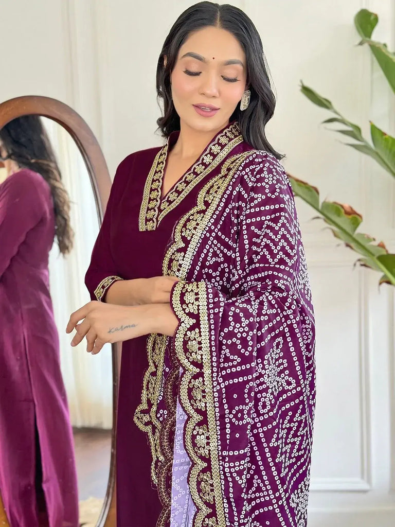 Gorgeous Wine Viscose Casual Wear Pant Suit With Printed Dupatta