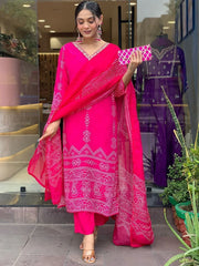 Alluring Pink Printed Crepe Casual Wear Pant Suit With Dupatta