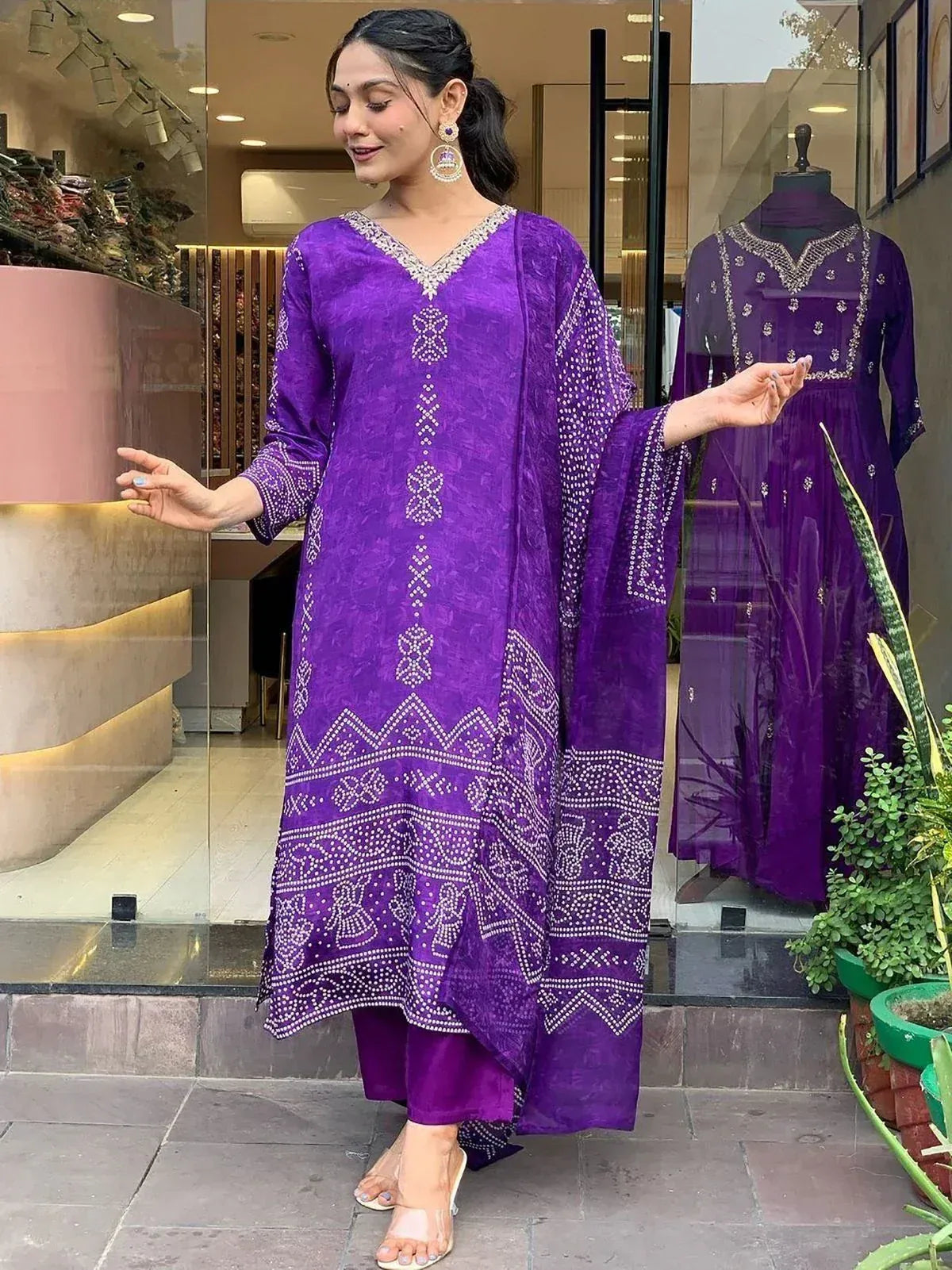 Purple embroidered ethnic kurti with matching palazzo, perfect for Indian festive wear