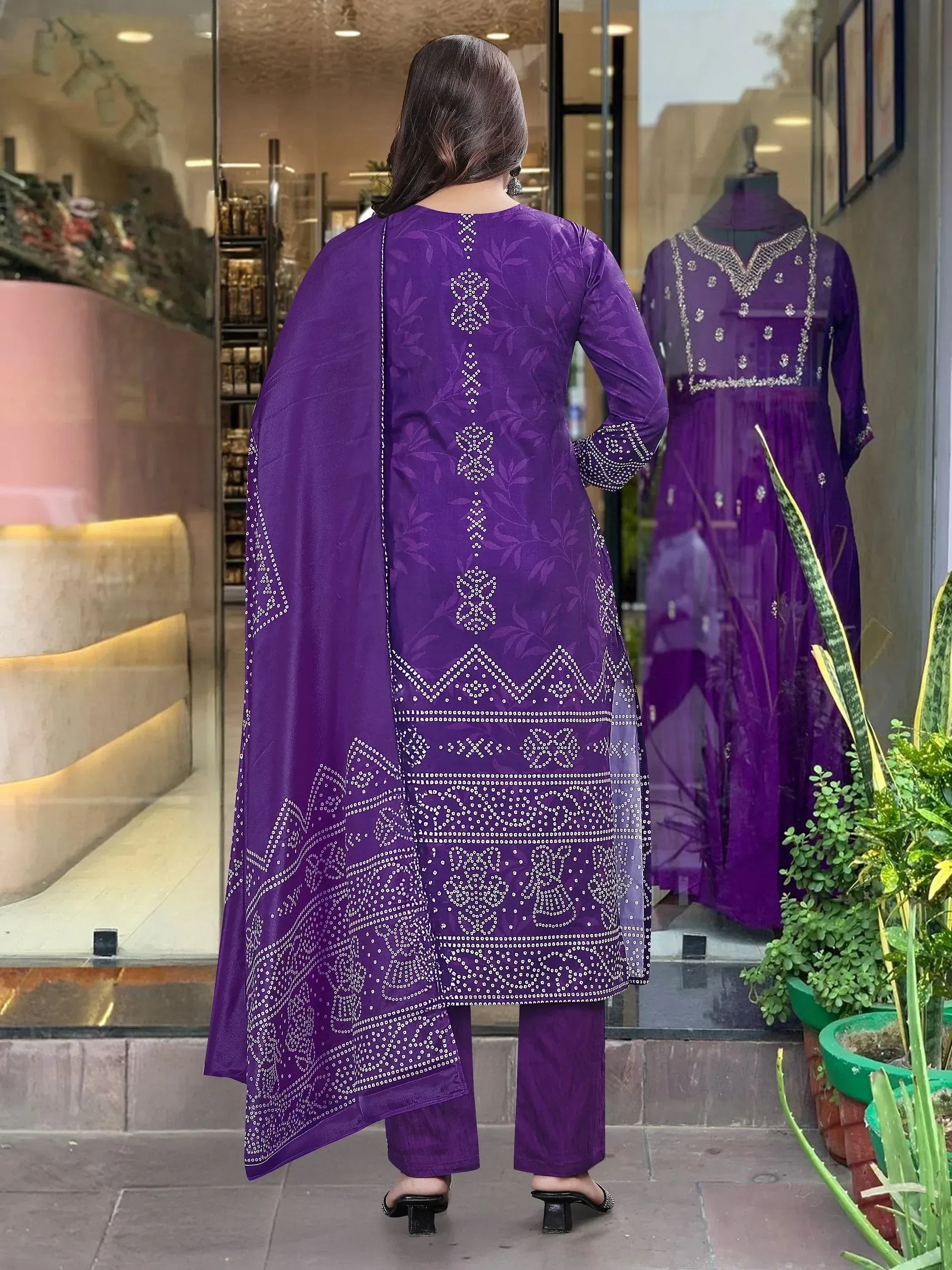 Purple embroidered salwar kameez with dupatta, Indian ethnic wear for women, back view