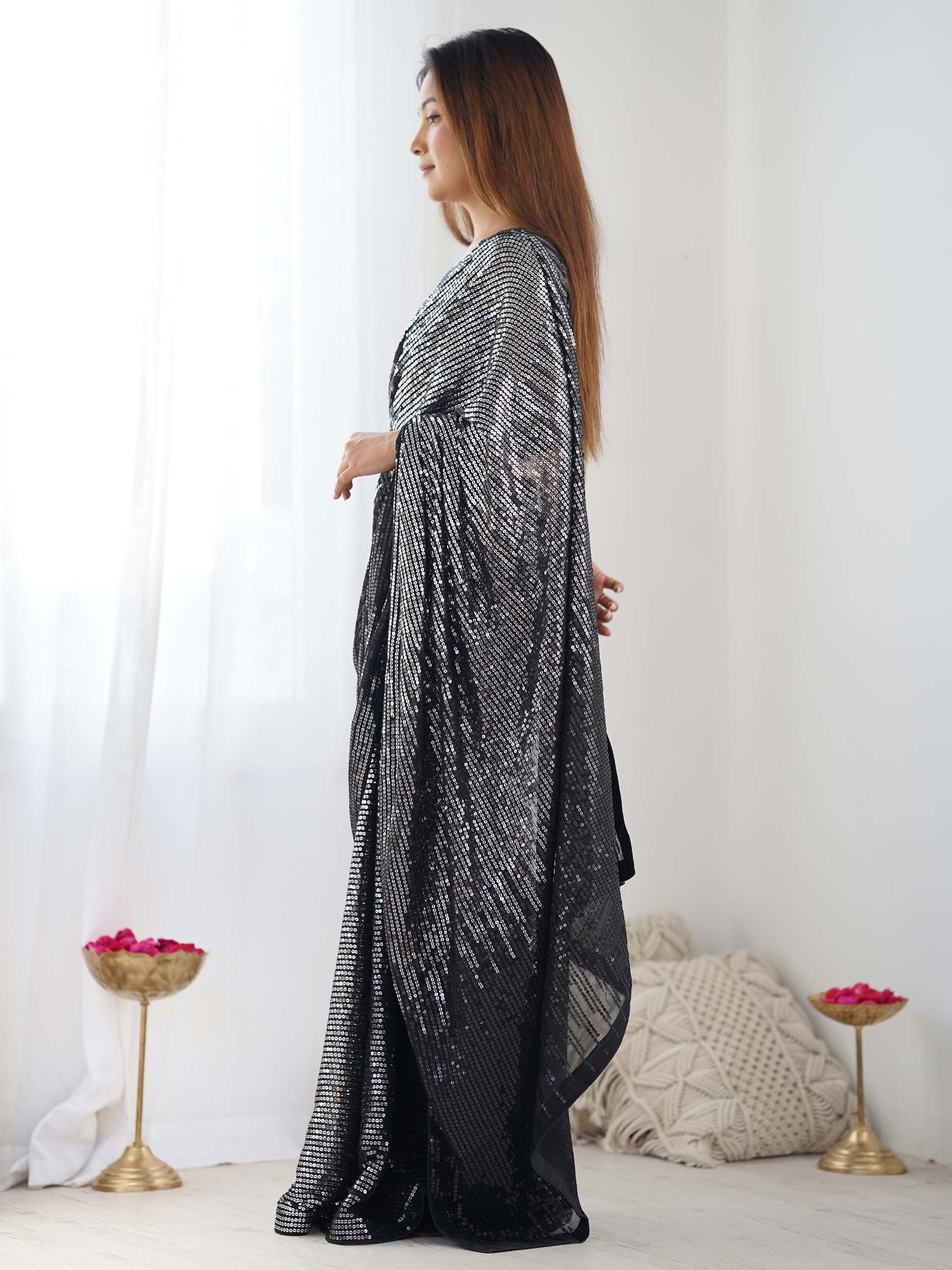 Glamorous Black Sequins Georgette Reception Wear Saree With Blouse