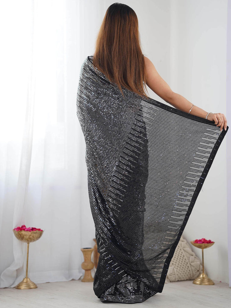 Glamorous Black Sequins Georgette Reception Wear Saree With Blouse