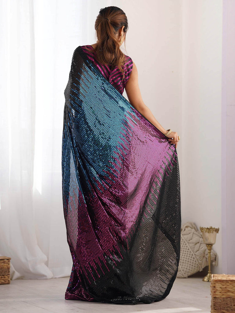 Alluring Black Sequins Georgette Cocktail Party Wear Saree With Blouse