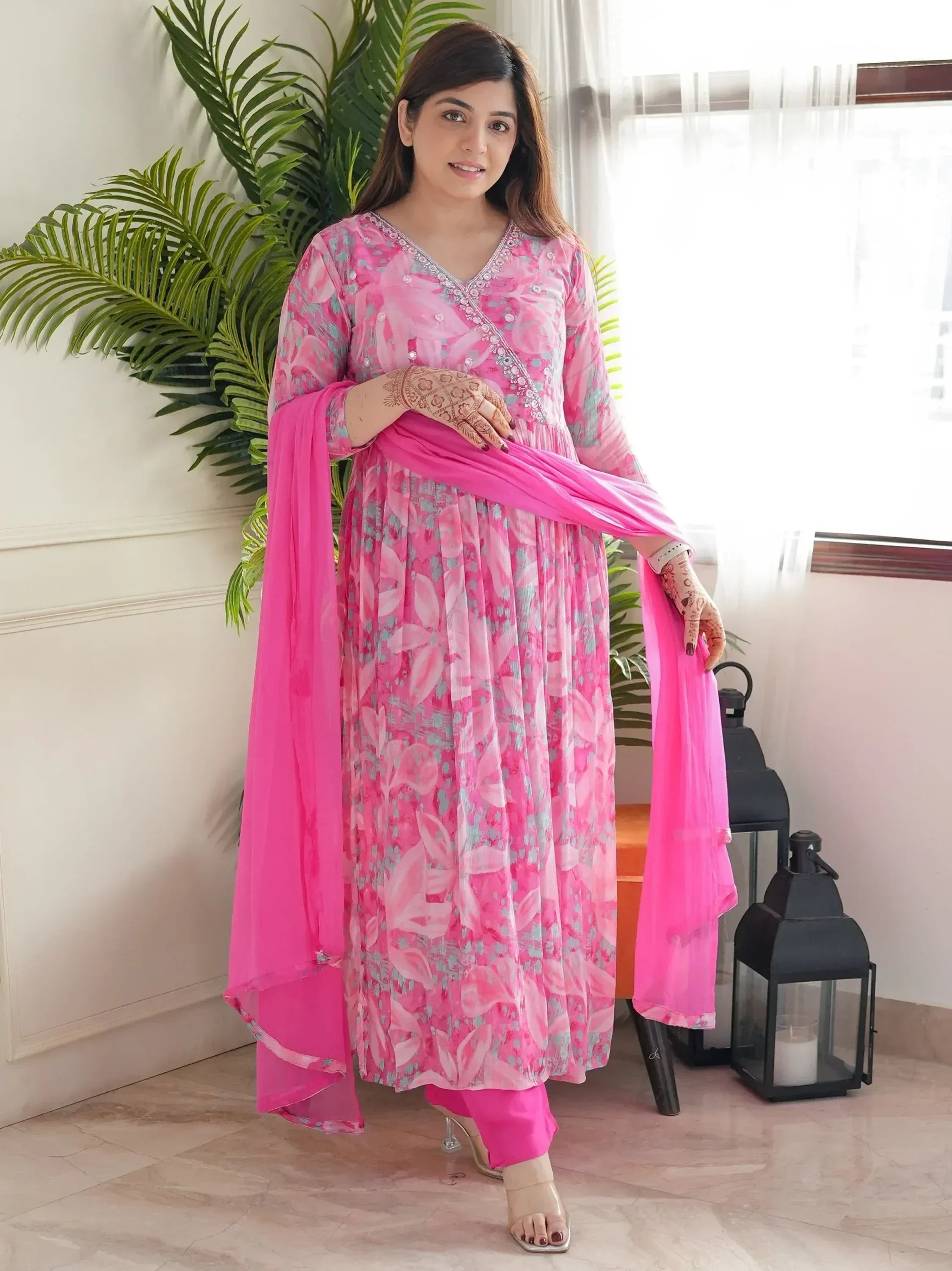 Pink floral printed salwar kameez with matching dupatta, perfect for ethnic occasions