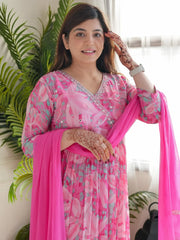 Incredible Pink Floral Printed Chinon Traditional Pant Suit With Dupatta