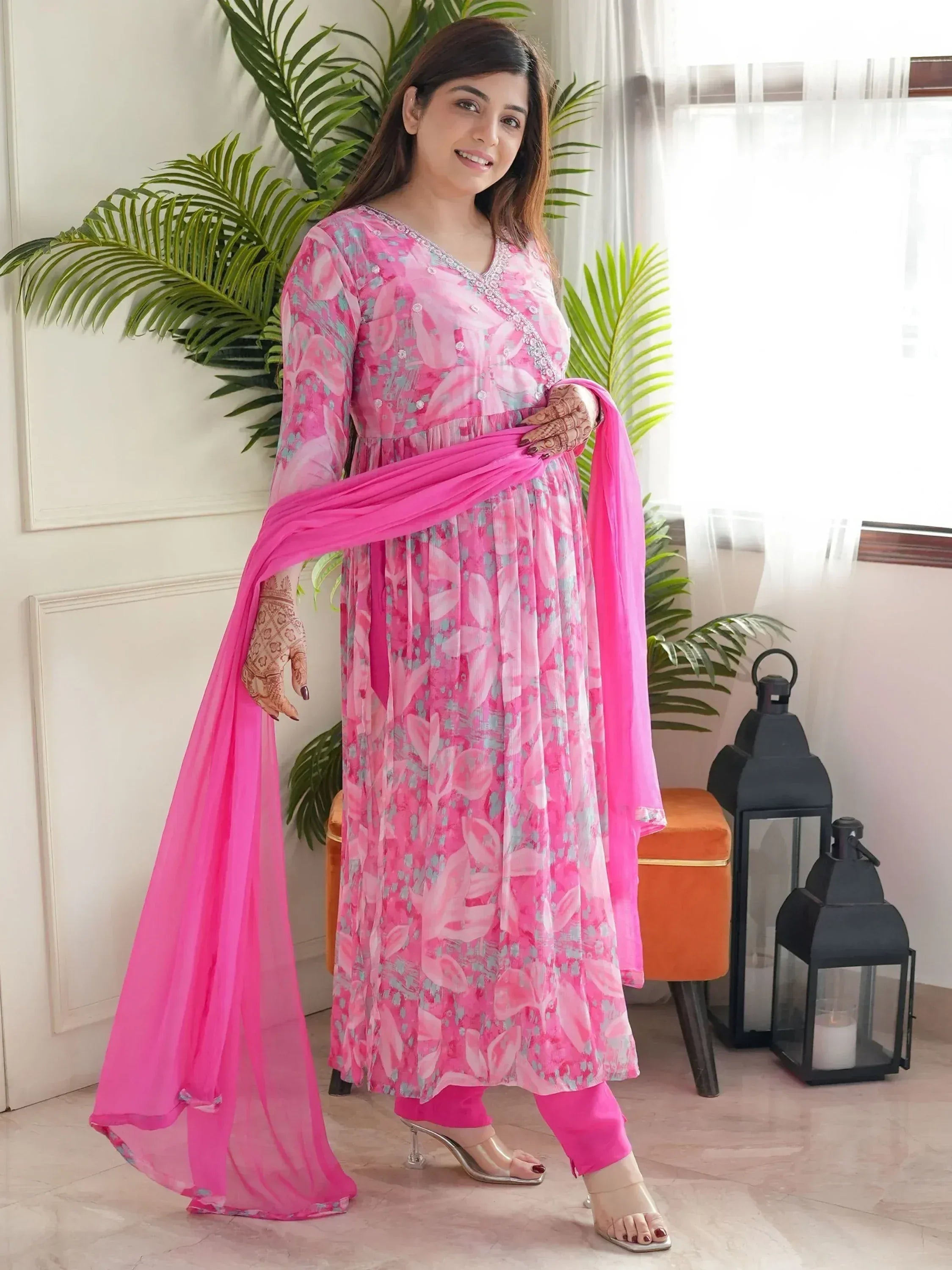Pink floral printed ethnic anarkali suit with matching dupatta and henna hands