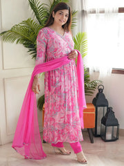 Incredible Pink Floral Printed Chinon Traditional Pant Suit With Dupatta