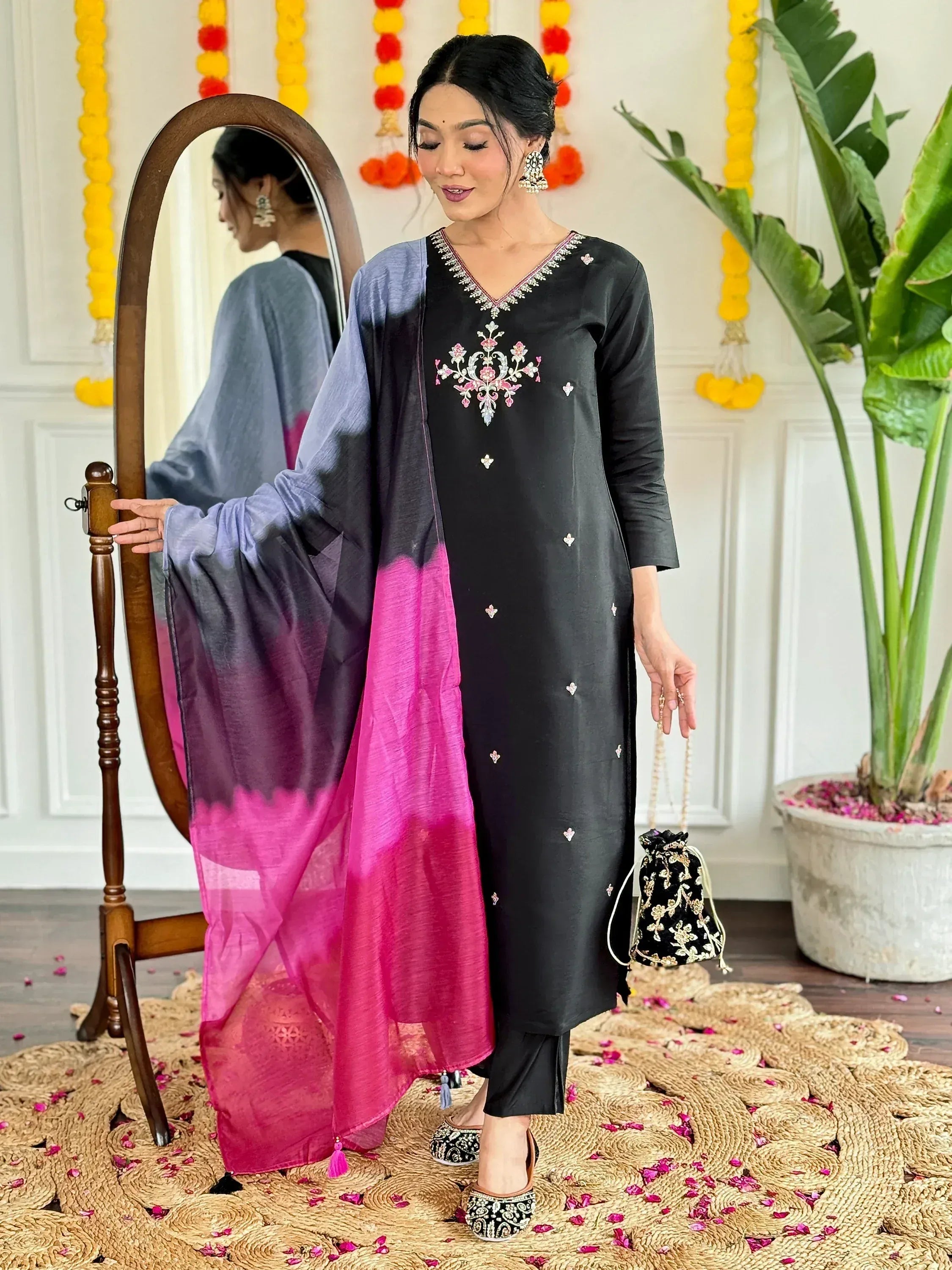 Black embroidered kurta with gradient dupatta, perfect for ethnic wear occasions