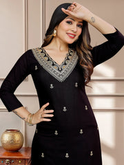 Glamorous Black Embroidered Cotton Pant Suit With Dupatta