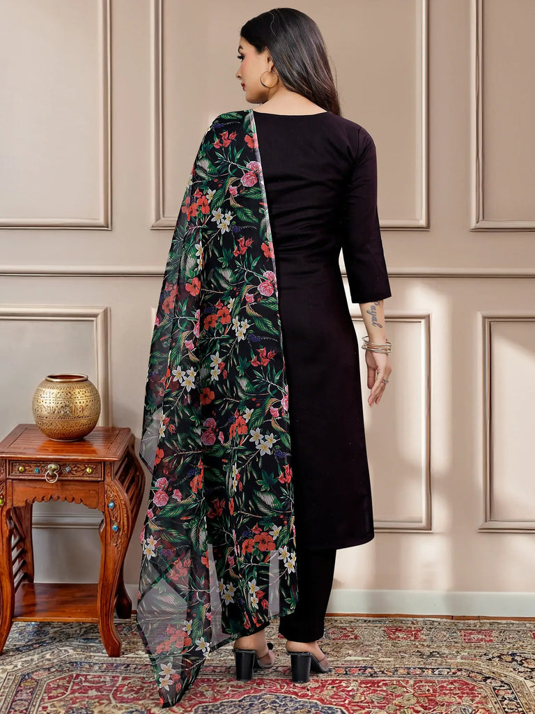 Glamorous Black Embroidered Cotton Pant Suit With Dupatta