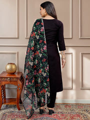 Glamorous Black Embroidered Cotton Pant Suit With Dupatta