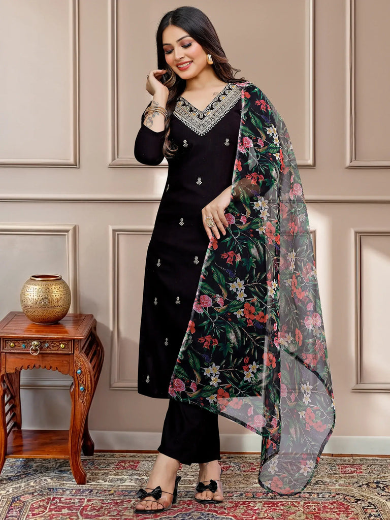 Glamorous Black Embroidered Cotton Pant Suit With Dupatta