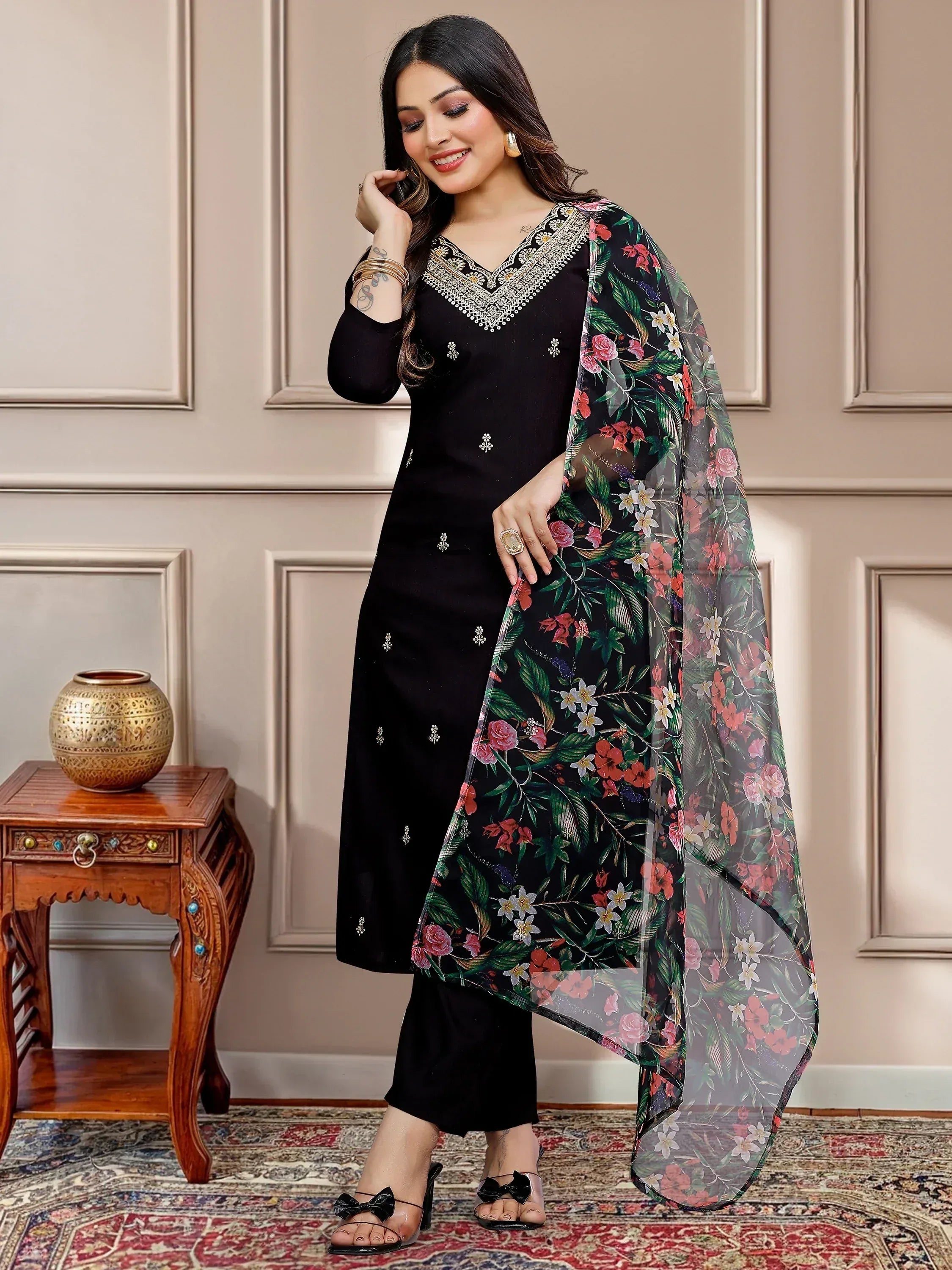 Black embroidered salwar kameez with floral dupatta, Indian ethnic wear
