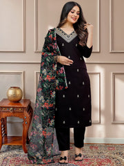 Glamorous Black Embroidered Cotton Pant Suit With Dupatta
