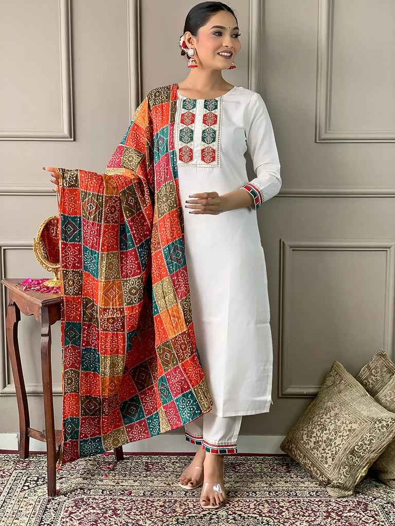 Attractive Off-White Embroidered Viscose Traditional Pant Suit