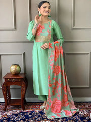 Astonishing Firozi Embroidered Chanderi Festival Wear Pant Suit
