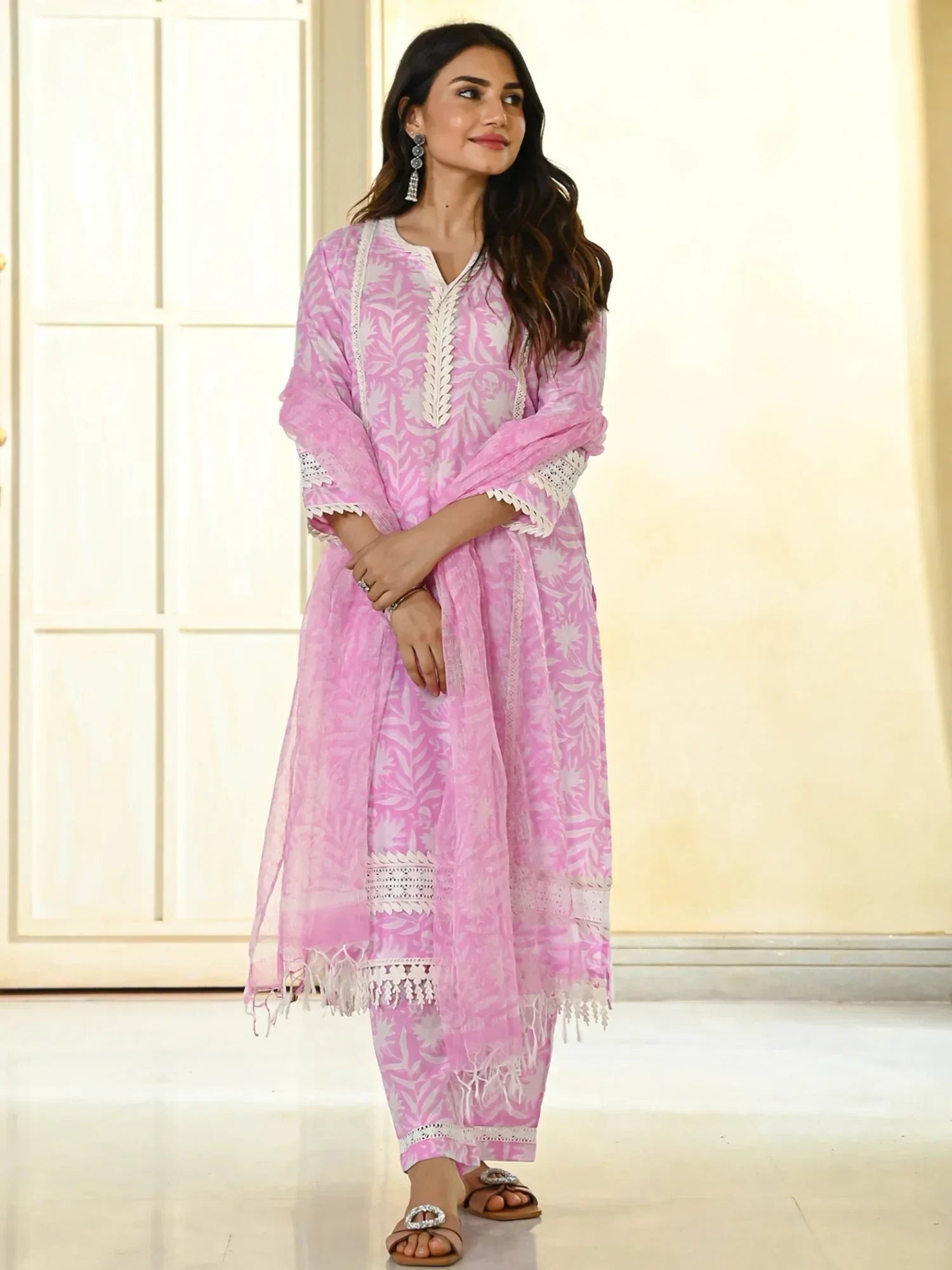 Beautiful Pink Digital Printed Cotton Festival Wear Pant Suit