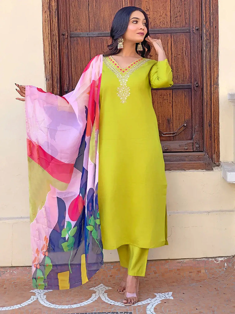 Glamorous Lime Green Sequins Rayon Event Wear Pant Suit With Dupatta