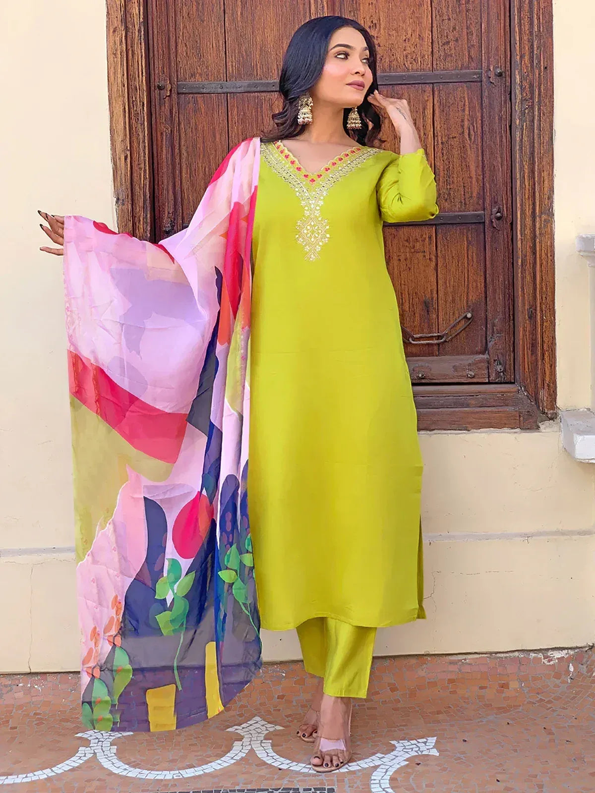 Lime green embroidered kurta with printed dupatta, ethnic wear for women