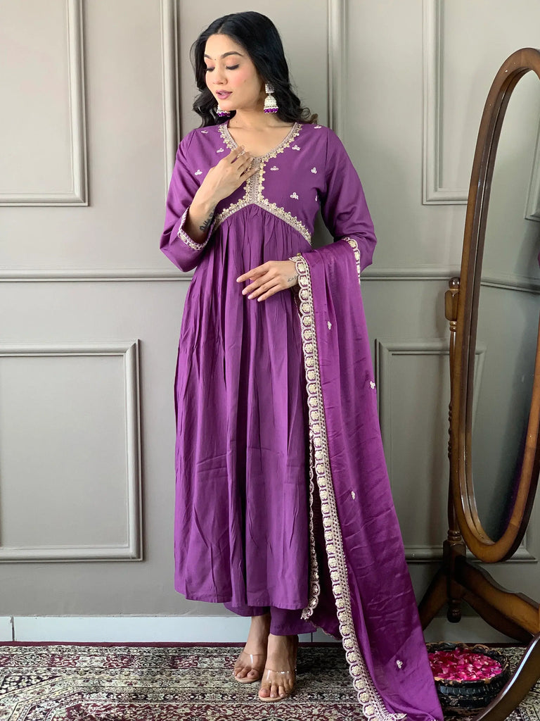 Enchanting Purple Zari Embroidered Viscose Pant Suit With Dupatta